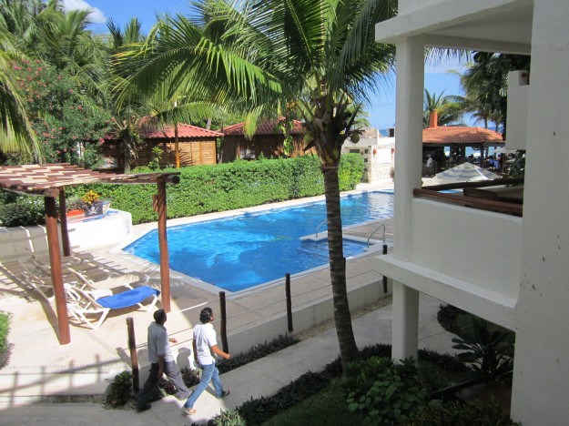 Our bird's eye view from our balcony. You can see the ocean just barely, and the bar on the right.