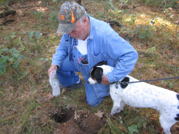 Bob dug the hole and we both participated -- Jonesy was interested. He was on the leash the whole time, but did not seem to mind - used to it. Todd and Ann Marie met him for the first time -- Todd emailed that Jonesy was a hoot. That's a good way to put it.